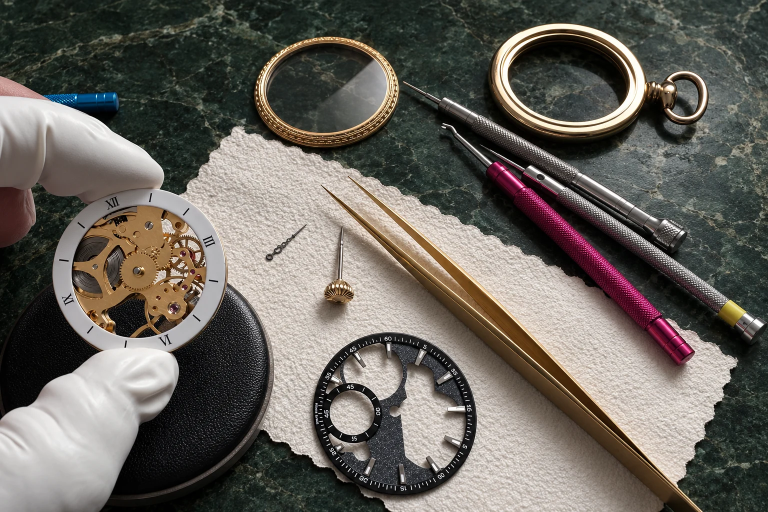 Watch components being carefully rebuilt