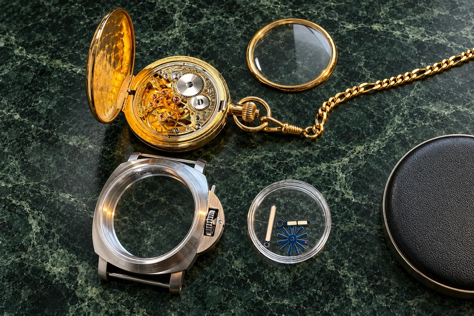 Vintage watch components at the bench
