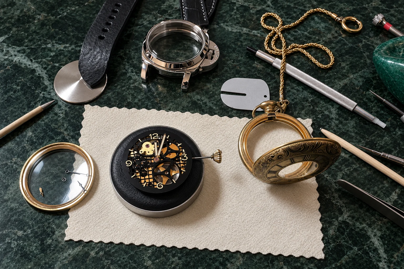 Pocket-watch components and tools arranged on forest green stone